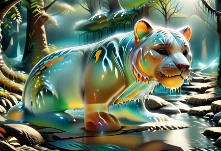 animal_guardian, tiger, a white tiger with black stripes, Tiger made out of slime, slime tiger in a jungle, jungle made out of slime, 
natural light, no bright spots, 
((translucent slime)), ((transparent slime)), made of water, (bioluminescent slime), sl1m3, slime, slime-morph, ais-blmn, saturated colors, no creatures, no humans, no monsters, no pokemon, watce, je11y, gummymorph