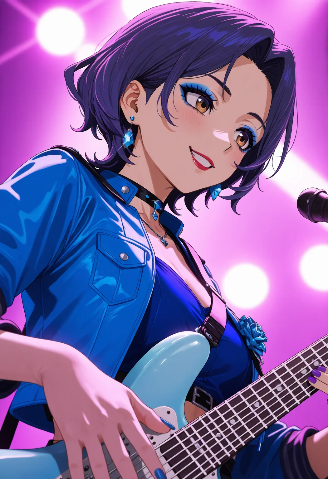 <lora:GBC_NANA-000030:1>,
GBC_NANA,1girl,solo,earrings,makeup,jewelry,instrument,short hair,nail polish,smile,brown eyes,guitar,lipstick,purple hair,blue jacket,blue nails,eyeshadow,electric guitar,purple nails,blue shirt,3D