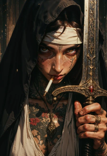 A sensually rebellious nun, her forbidden allure highlighted by intricate tattoos peeking out from beneath her traditionally modest habit. Holding a gleaming longsword with a confident grip, her face fills the frame with an intensity that draws in the viewer. This realistic portrait captures every crease and imperfection in her weathered skin, heavily shadowed to add a mysterious depth to her expression. The cigarette held delicately between her lips adds a touch of danger to her otherwise serene visage. Overall, this impeccably detailed image evokes a sense of captivating contradiction and intrigue. <lora:FluxMythG0thicL1nes:0.6> <lora:FluxMythR3alisticF:0.5> <lora:RetroAnimeFluxV1:0.6> <lora:OB半写实肖像画V2.0:0.6>