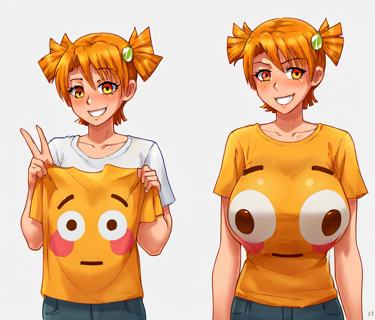 score_9, score_8_up, score_7_up, score_6_up, score_5_up, score_4_up, BREAK, flushed_emoji_shirt, 1girl, multiple views, indoors, thighs, <lora:flushed_shirt_meme_civit:0.8>, t-shirt, ((large breasts)), simple background, grin, <lora:AlicePonyV1:1>, AliceDV, orange hair, orange eyes, short twintails, hair ornament, v, ((oversized breasts))