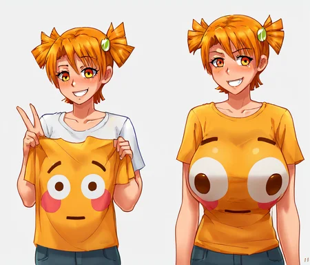 score_9, score_8_up, score_7_up, score_6_up, score_5_up, score_4_up, BREAK, flushed_emoji_shirt, 1girl, multiple views, indoors, thighs, <lora:flushed_shirt_meme_civit:0.8>, t-shirt, ((large breasts)), simple background, grin, <lora:AlicePonyV1:1>, AliceDV, orange hair, orange eyes, short twintails, hair ornament, v, ((oversized breasts))