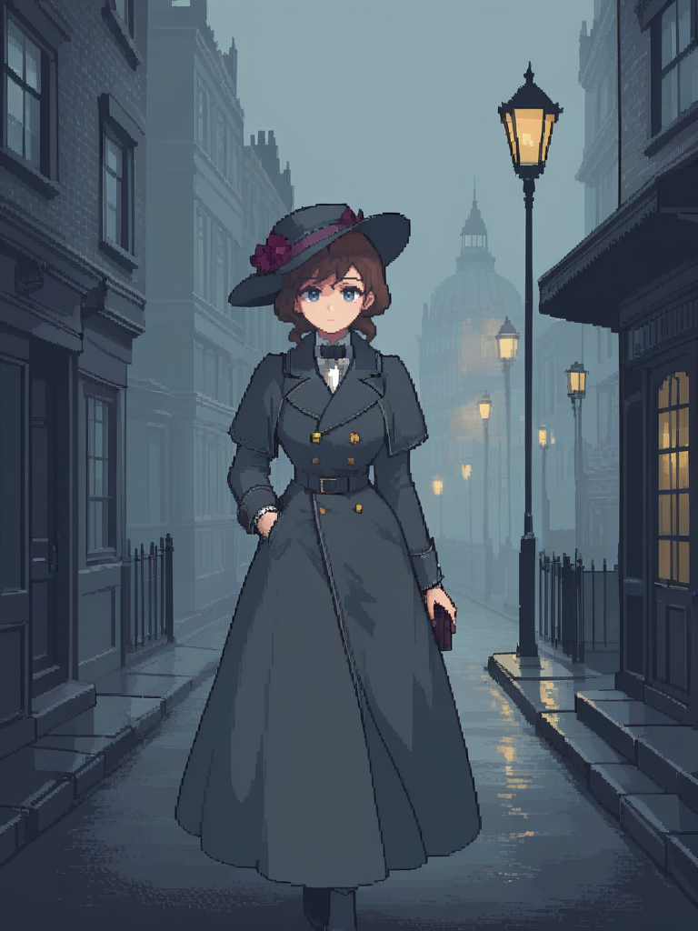 <lora:pixel style-000007:0.7>,pixel style,Visualize a beautiful, sharp-witted lady detective in Victorian London. She's dressed in period attire, with a hint of defiance in her eyes. She walks briskly through foggy streets, her mind racing to solve the latest mystery.