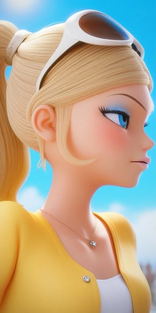 score_9, score_8_up, score_7_up, score_6_up, Super detailed, pale light grayish cerulean eye-shadow, light honey blonde hair, brilliant cobalt blue eyes, high ponytail, light scarlet blush, white jean capris, sparkly brilliant yellow bolero with two pockets, white shirt with black stripes under yellow bolero, white-rimmed sunglasses on her head, body like in real life, large pores, fair skin, slender, unreal engine, octane render, droped shadow, bokeh, cinematic lighting, Chloe Bourgeois, , <lora:e61b1802-e273-469f-a1d9-a4aae7545375:0.7>