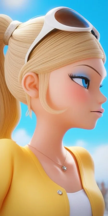 score_9, score_8_up, score_7_up, score_6_up, Super detailed, pale light grayish cerulean eye-shadow, light honey blonde hair, brilliant cobalt blue eyes, high ponytail, light scarlet blush, white jean capris, sparkly brilliant yellow bolero with two pockets, white shirt with black stripes under yellow bolero, white-rimmed sunglasses on her head, body like in real life, large pores, fair skin, slender, unreal engine, octane render, droped shadow, bokeh, cinematic lighting, Chloe Bourgeois, , <lora:e61b1802-e273-469f-a1d9-a4aae7545375:0.7>