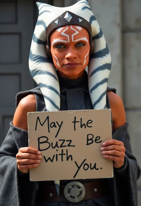 portrait of Ahsoka Tano holding up a sign that says "May the Buzz be with you.", smirking at the camera, blue and white striped lekku and montrals, orange skin, skinny, petite, ahsokaflux