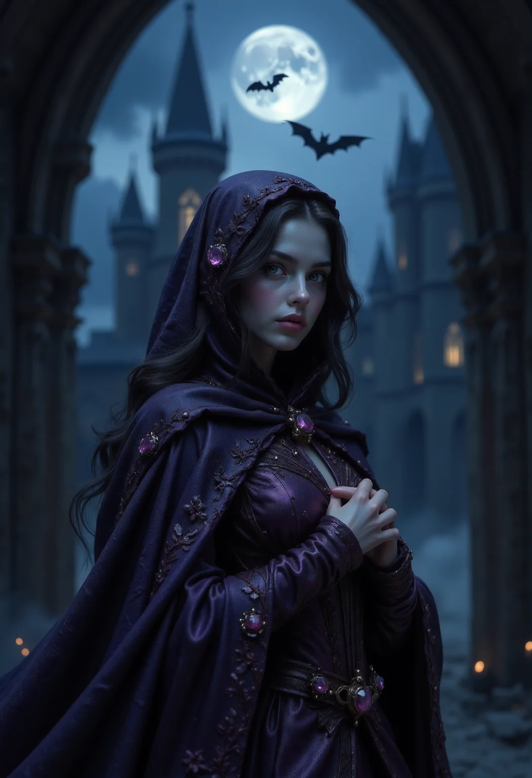 masterpiece, realistic scenery, ultra high quality, a gorgeous 23yo female vampire looks for victims in an medival castle, completely covered from the neck down, ancient dark purple vampire robe with shimmering amethysts, a vampire bat in the air, night, moonshine, gloomy clouds, fog, close-up, (SFW:1.2), dark fantasy, eerie, horror, <lora:Flux Darkfantasy_epoch_1>