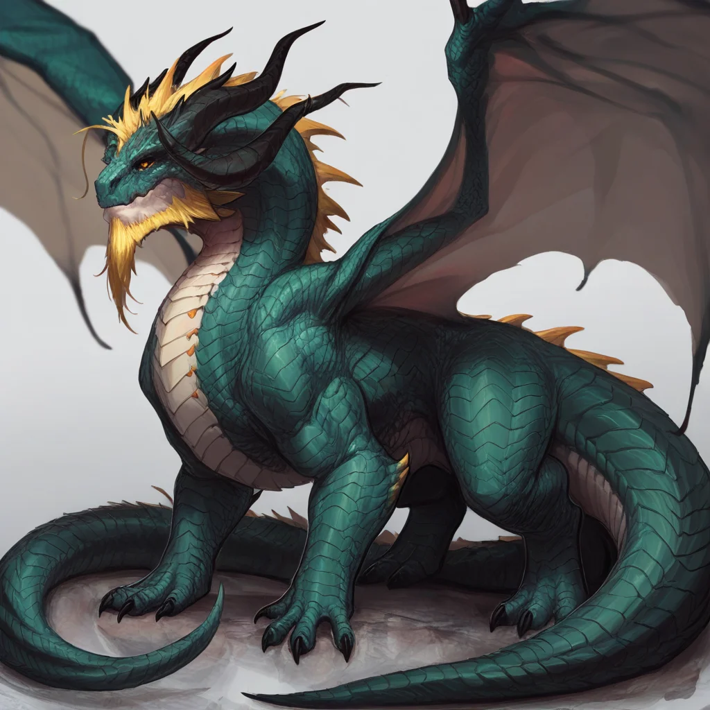 masterpiece, best quality, newest, absurdres, highres, WDIV1.0, western dragon, dragon, monster, no humans, wings, scales, monster, no humans, dragon, wings, tail, wings, dragon wings, dragon horns, horns, multiple horns, green scales, yellow eyes, beard, facial hair, yellow hair,