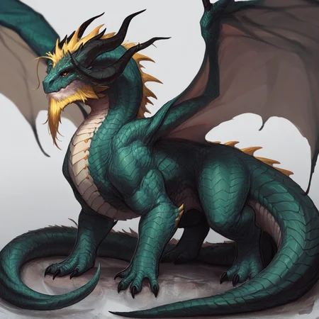 masterpiece, best quality, newest, absurdres, highres, WDIV1.0, western dragon, dragon, monster, no humans, wings, scales, monster, no humans, dragon, wings, tail, wings, dragon wings, dragon horns, horns, multiple horns, green scales, yellow eyes, beard, facial hair, yellow hair,