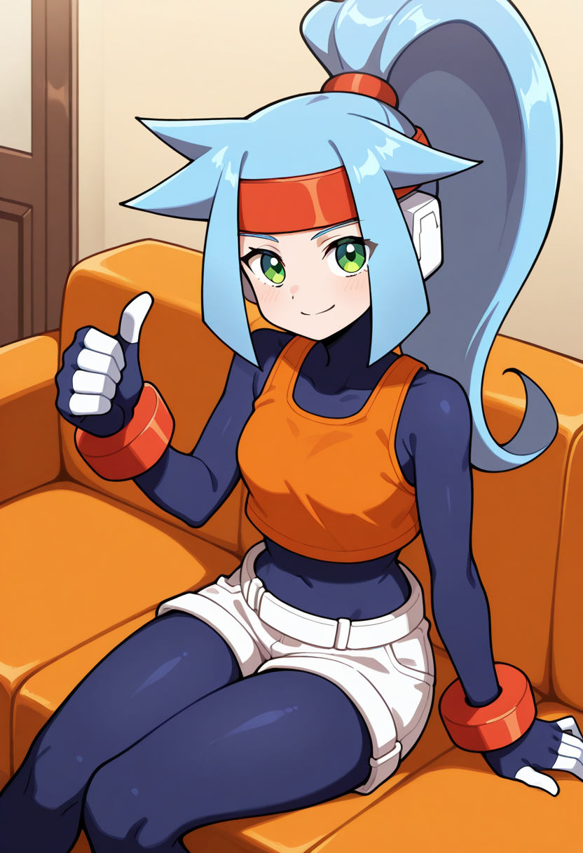 1girl, solo, ashemmzxa, blue hair, long hair, high ponytail, headband, green eyes, robot ears, bodysuit, orange tanktop, white shorts, red bracelet, indoors, sitting, couch, looking at viewer, thumbs up, smile,