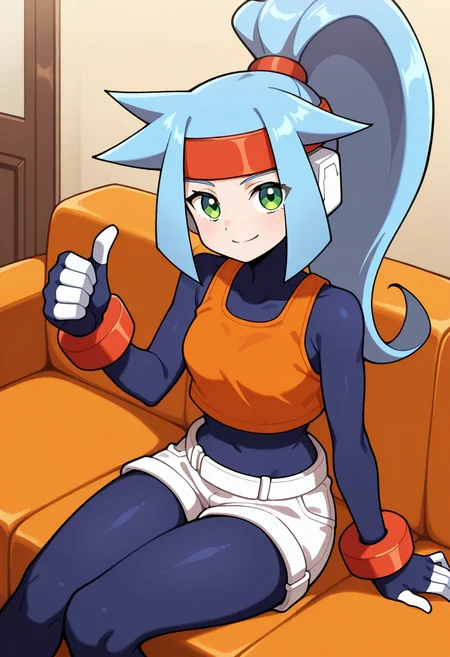 1girl, solo, ashemmzxa, blue hair, long hair, high ponytail, headband, green eyes, robot ears, bodysuit, orange tanktop, white shorts, red bracelet, indoors, sitting, couch, looking at viewer, thumbs up, smile,