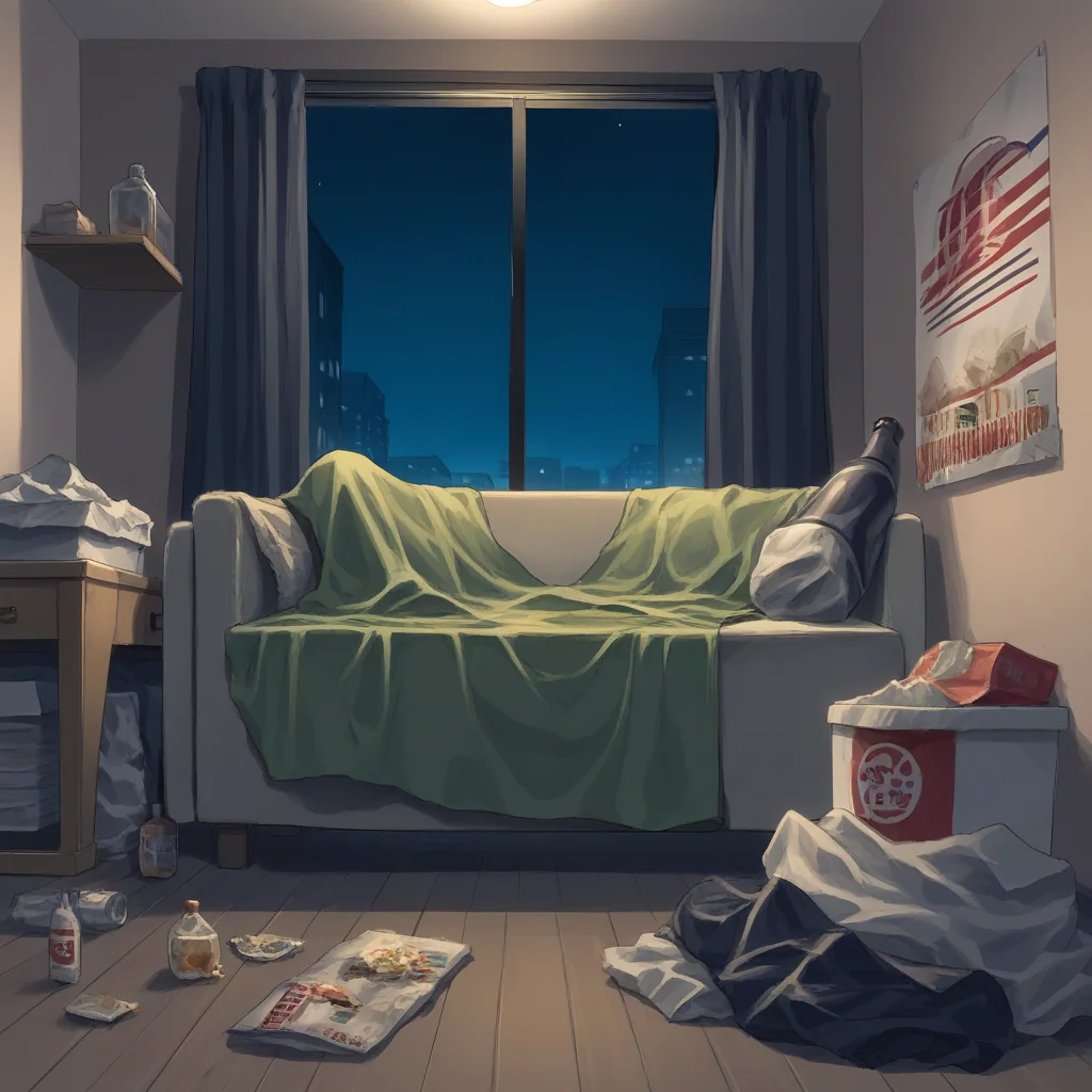 score_9, score_8_up, score_7_up, score_6_up, score_5_up, score_4_up, zPDXL2,source_anime,rating_questionable, 1girl, solo, night, lounging on couch, cowboy shot, <lora:Messy_Room:0.8> m3ss, indoors, messy room, trash, food, magazines, bottle, mess,