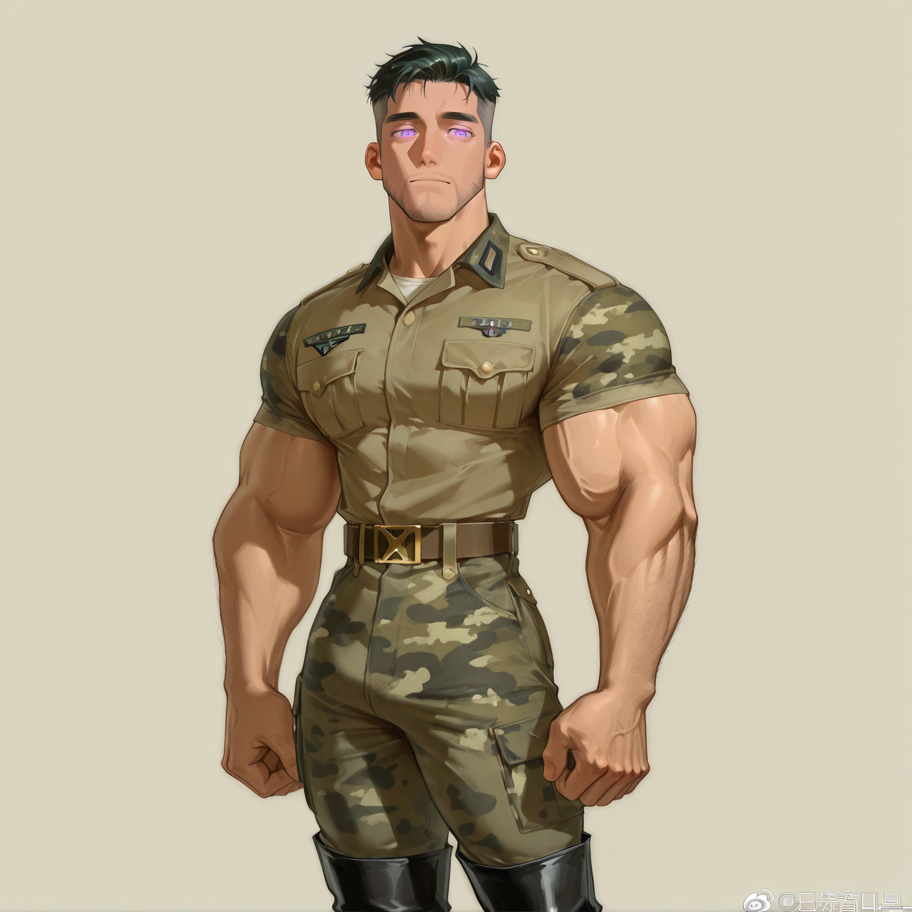 <lora:ABC_Muscle_Guy_ILLUSTRIOUS-000008:1>, (toned_male, muscular_arms, narrow_waist)
cowboy shot, short sleeves, green and black pattern, camouflage pattern, military uniform, black boots,
aixiwuganda_(20222192), muscular male, bara, mature, asian, hairy body, short hair, male focus, facial hair, facial hair, stubble, very short hair,
very awa, masterpiece, best quality, absurdres, newest, perfect quality, detailed background, intricate details,
<lora:slider_Body Type_alpha1.0_rank4_noxattn_last:1><lora:style_Anime Summer Days 2 Style SDXL_LoRA_Pony Diffusion V6 XL:.6>