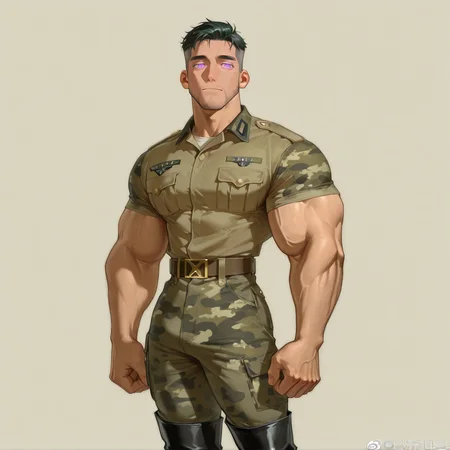 <lora:ABC_Muscle_Guy_ILLUSTRIOUS-000008:1>, (toned_male, muscular_arms, narrow_waist)
cowboy shot, short sleeves, green and black pattern, camouflage pattern, military uniform, black boots,
aixiwuganda_(20222192), muscular male, bara, mature, asian, hairy body, short hair, male focus, facial hair, facial hair, stubble, very short hair,
very awa, masterpiece, best quality, absurdres, newest, perfect quality, detailed background, intricate details,
<lora:slider_Body Type_alpha1.0_rank4_noxattn_last:1><lora:style_Anime Summer Days 2 Style SDXL_LoRA_Pony Diffusion V6 XL:.6>