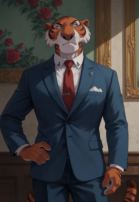 score_9, score_8_up, score_7_up, furry male, anthro, solo, (shere khan:1.2), tiger, chin, large chin, yellow sclera, colored sclera, brown eyes, half-closed eyes, closed mouth, frown, chin tuft, cheek tuft, finger claws, perfect hands, 5 fingers, striped tail, muscular, tall, navy blue suit, light blue dress shirt, red necktie, tie pin, rose-shaped lapel pin, button \(fastener\), looking away,
hand on hip, standing, plantigrade, bust, painterly, detailed face, ornate,
inside, painted background, shadow, perfect lighting,
masterpiece, detailed shading, hyperrealistic, realistic, intricate details, absurdres, 4k,
IllustriousQual, Stable_Yogis_Illustrious_Positives