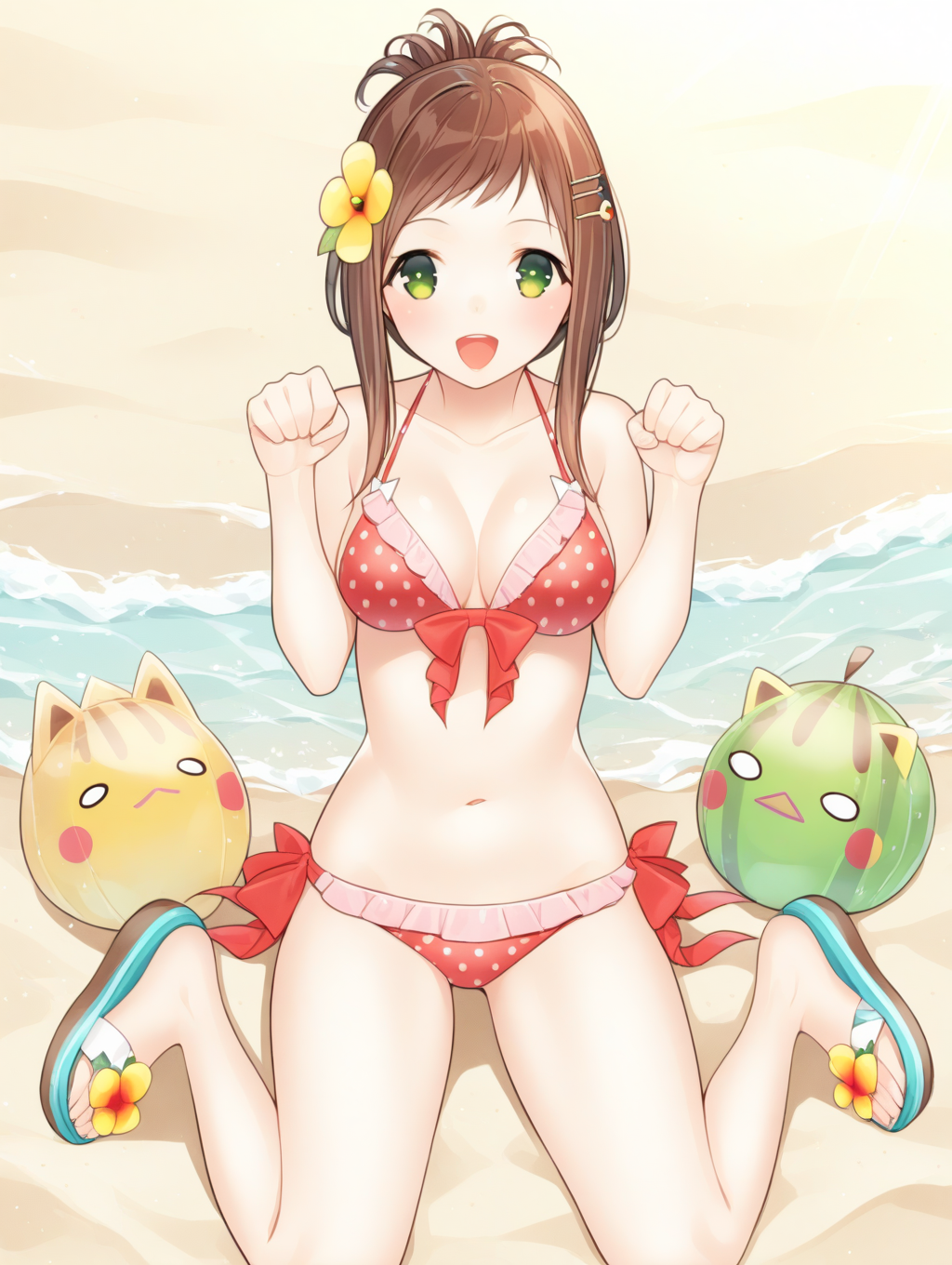 perfect quality,best quality,absolutely eye-catching,ambient occlusion,raytracing BREAK
1girl,<lora:sofia natu IL v1.1:1>,natu,polka dot bikini,ribbon,hair ornament,sandals,solo,ocean,beach,green eyes,updo,, straight-on,bust,reclining,paw_pose,arms_behind_head,wariza,