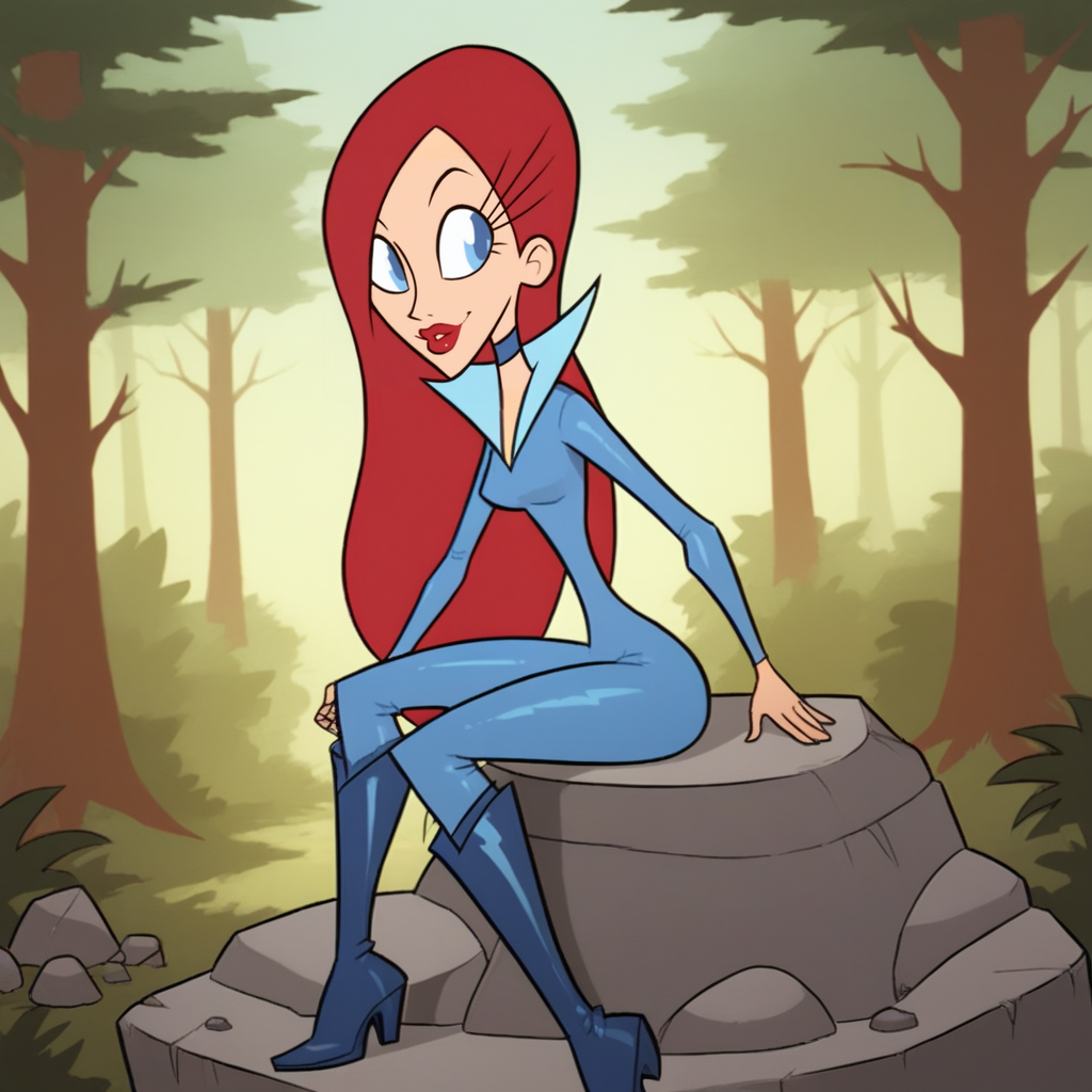 score_9_up, score_8_up, BREAK, MissXZ, 1girl, solo, red hair, long hair, blue eyes, red lips, bodysuit, boots,   <lora:MissXandMissZ_PXL_Leaf2:1>, forest, sitting on rock,