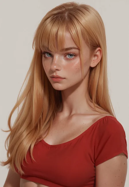 1girl, simple background, freckles, long hair, blonde, bangs, 

red crop top, 

upper body, 

score_8, score_9_up,