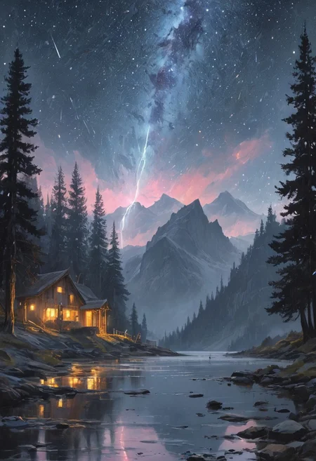 Depict a breathtaking scene of a meteor rain showering down from a starry night sky. The meteors should vary in size and brightness, streaking across the sky with vibrant tails of light, creating a dazzling display. Below, a serene landscape—perhaps a tranquil lake reflecting the celestial spectacle, or a rugged mountain range—should enhance the sense of wonder. The foreground can include silhouettes of trees or figures gazing up in awe at the cosmic event. The overall atmosphere should evoke feelings of magic and inspiration, capturing the beauty and mystery of the universe.
[style of greg rutkowski,janek sedlar,jenny saville:0]  <lora:vivid_everclear:0.35>  <lora:Sinozick:0.35>  <lora:MJ52:0.35>