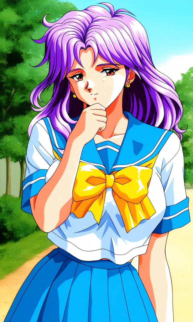 general,highres, ultra-detailed,very aesthetic,best quality ,best hands, BREAK <lora:Kagami_Mira_Tokimeki_Memorial_IS:1>
Kagami_Mira(Tokimeki_Memorial), 1girl, solo, purple hair, long hair, Parted bangs, earrings, large breasts, brown eyes,
blue school uniform, serafuku, jewelry, yellow bow, Yellow bow, blue skirt, 
blue sailor collar,  pleated skirt,  short sleeves,hand on own chin,
outdoor, tree, sky,