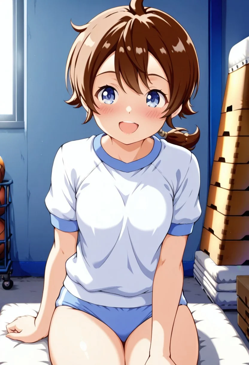masterpiece,anime_coloring,anime_clothing,amazing_quality, Tokia_DMO, 1girl, solo,brown hair,(low ponytail),short sleeves, gym_uniform,(light blue buruma),thighs,close-up face,open mouth,blush,smile,gym storeroom,