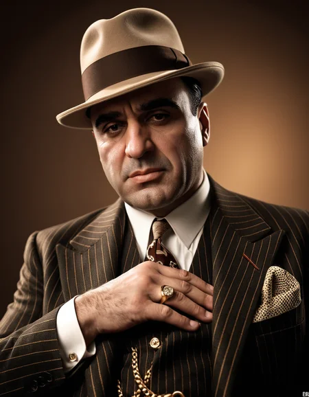 (Long focal length shot:1.7), longshot, A portrait of Al Capone, very intimidating and pissed expression, in his signature pinstripe suit, golden ring and watch, borsalino hat, highly detailed, realistic rendering, vintage sepia tones,trending on Artstation, hyperrealistic, hyperdetailed, intricate, textured, telezoom photography, short depth of field, (800 mm focal length:1.5), telephoto lens image, bokeh, professional, 4k, highly detailed