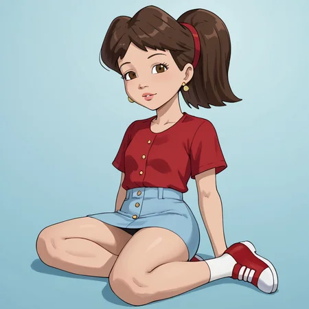 <lora:EmmyDragonTales:1> emmy(dragon tales), 1girl, solo, emmy, brown hair, ponytail, brown eyes, red shirt, red hairband, overall skirt, shoes, earrings, jewelry