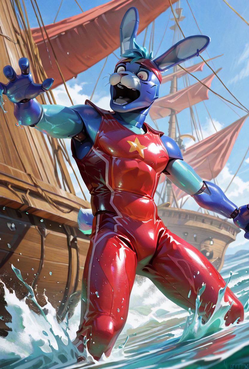 <lora:glambon-10:1> glambon, rabbit ears, cyan skin,, male focus, red swim suit, sleeveless, , solo, star (symbol), robot, furry,   <lora:Nomax Style Ill V2:1> artist:nomax, falling into the sea, sea level, splashing, pirate ship background, dutch angle, screaming,, masterpiece, best quality, amazing quality, very aesthetic, absurdres, newest,