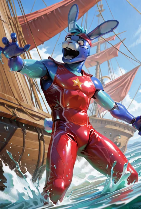 <lora:glambon-10:1> glambon, rabbit ears, cyan skin,, male focus, red swim suit, sleeveless, , solo, star (symbol), robot, furry,   <lora:Nomax Style Ill V2:1> artist:nomax, falling into the sea, sea level, splashing, pirate ship background, dutch angle, screaming,, masterpiece, best quality, amazing quality, very aesthetic, absurdres, newest,