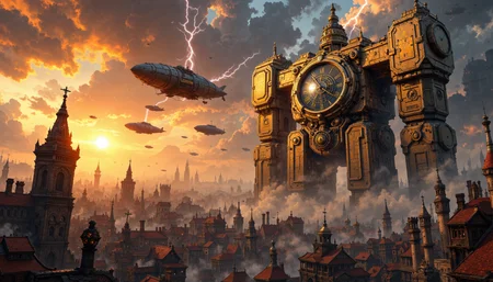 Colossal steampunk clockwork colossus, towering over Victorian-era cityscape, engaged in epic battle with swarms of brass zeppelins, intricate gears and pistons, billowing steam clouds, magical lightning arcing between airships, 8k resolution, hyperdetailed metalwork, dramatic sunset lighting, photorealistic rendering, cinematic composition, epic scale, steampunk aesthetic, brass and copper tones, intricate machinery, clockwork soldiers, airship fleet, smoke and sparks, lens flare <lora:aidmaFLUXPro1.1-FLUX-v0.3:0.9> <lora:Let_It_Blaze_in_Crimson_anime_v1.0:0.2> <lora:style_of_Norman_Ackroyd_FLUX_100:0.7> <lora:FluxMythV2:0.5> <lora:flux_dev:1>