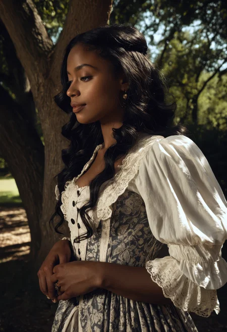 fine-art editorial image of a beautiful young Black woman in Victorian dress, long dark hair cascading down her back, confident expression with a subtle smile, standing under trees with dappled sunlight casting intricate shadows, historical elegance meets natural sensuality, richly textured fabrics, high realism and cinematic tone