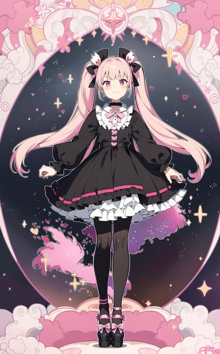 masterpiece, best quality, 1girl, solo, long_hair, from top, light smile, panorama, perspective, looking_at_viewer, bangs, skirt, shirt, pink hair, colored inner hair, long_sleeves, bow, ribbon, twintails, hair_bow, heart, pantyhose, frills, shoes, choker, blunt_bangs, black_skirt, pink_eyes, frilled_skirt, pink_bow, platform_footwear, pink_theme, jirai_kei, full body, night, street, skyscraper, neon trim, panorama, perspective, starry sky, pink background, dark, shadow, <lora:lumFromUruseiYatsura_v10_(0.2):1>