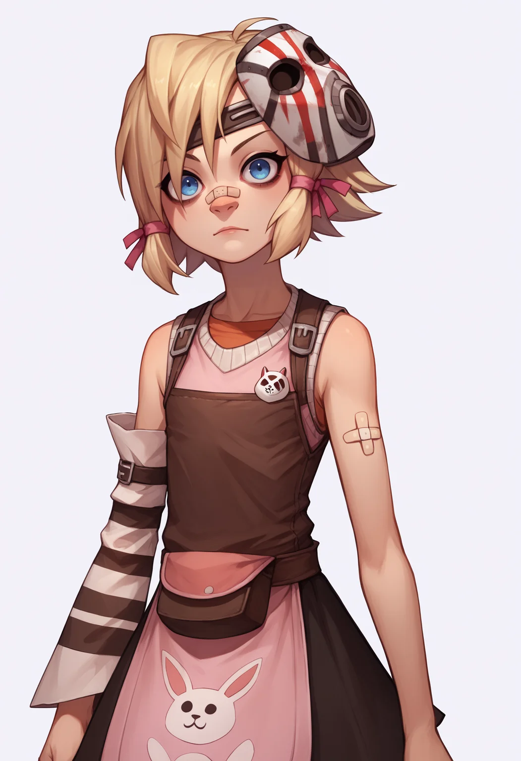 score_9, score_8_up, score_7_up, BREAK
1girl, tinytina, blonde hair, short hair, blue eyes, mask on head, bandaid on nose,
apron, boots, detached sleeves, pants,
upper body, standing, looking at viewer, solo, simple background, white background <lora:TinyTinaXL:1>