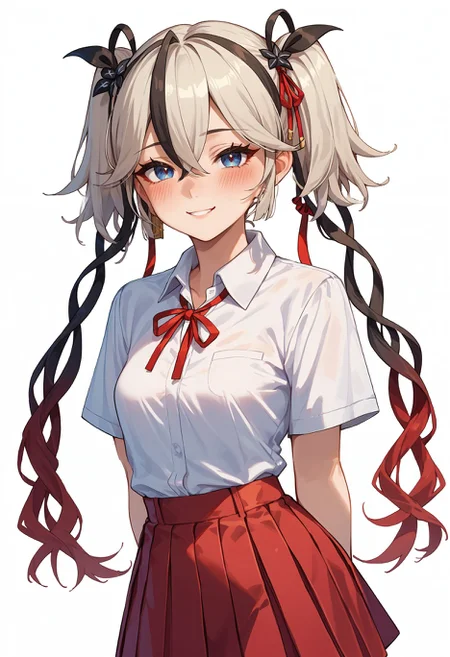 score_9, score_8_up, score_7_up, score_6_up,<lora:camellya_wuwa_pdxl_goofy:1>camellya, 1girl, white shirt, red skirt, red ribbon, multicolored hair, twintails, jewelry, looking at viewer, red nails, pleated skirt, short sleeves,ring, neck ribbon, collared shirt, white background, school uniform, blush, simple background, streaked hair, hair ornament, small breasts, hair between eyes, , smile, arms behind back