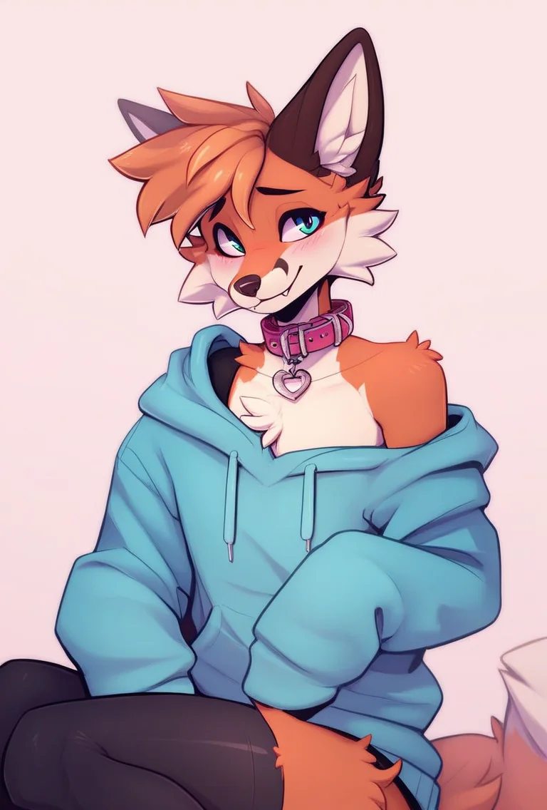 femboy fox, collar, stockings, hoodie, exposed shoulder, zPDXL <lora:Femboy-000003:1>