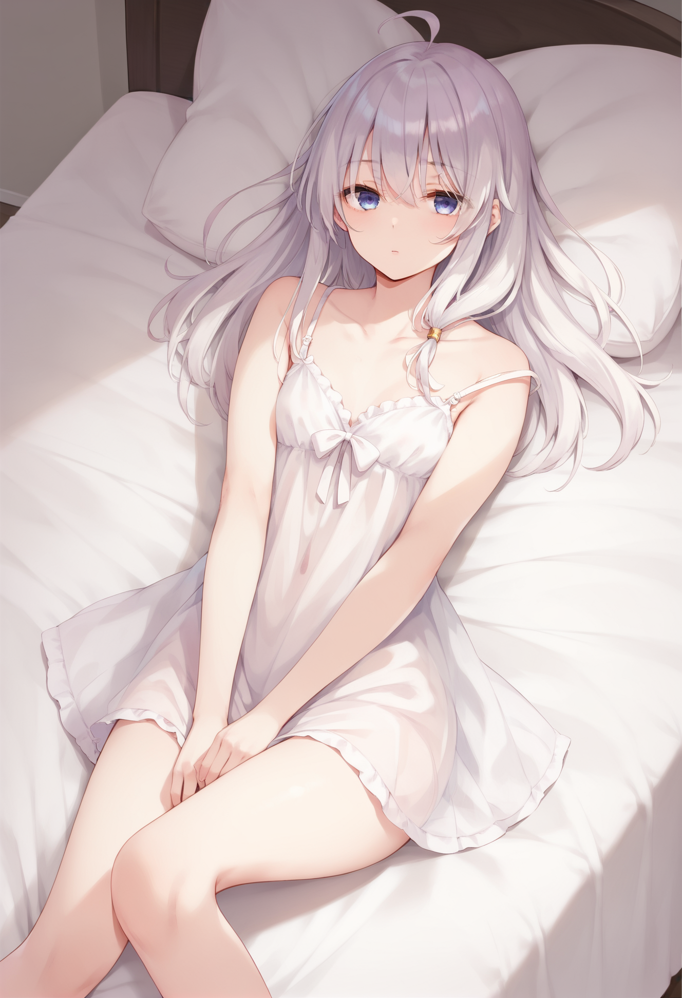 score_9, score_8_up, score_7_up, 1girl, solo,   elaina ,<lora:ElainaFinal-19:0.7>, <lora:add_detail:0.7>,  nightgown, on bed, thighs,  look at viewer, lying, small chest