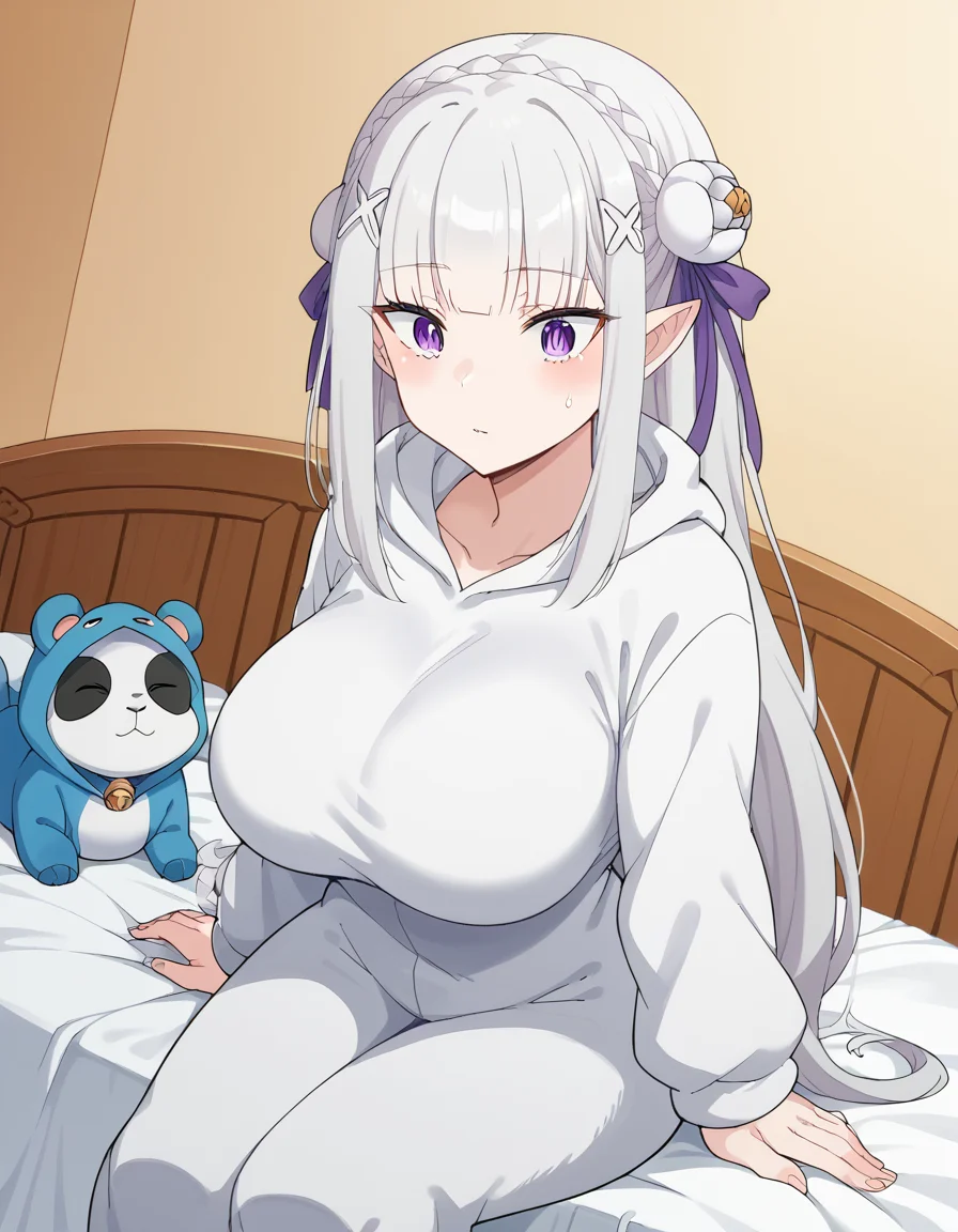 score_9, score_8_up, score_7_up, source_anime, <lora:rezero-emilia-s3-p1-ponyxl-lora-nochekaiser:1>, emilia, braid, crown braid, flower, hair flower, hair ornament, hair ribbon, long hair, pointy ears, purple eyes, white hair, x hair ornament, large breasts,, <lora:kigurumi-ponyxl-lora-nochekaiser:1>, kigurumi, animal hood, animal costume, cosplay, rabbit costume, dragon costume, bear costume, dinosaur costume, sheep costume, cat costume, dog costume, panda costume, tiger costume,, indoors, bed, bed room, sitting, , dutch angle, cowboy shot