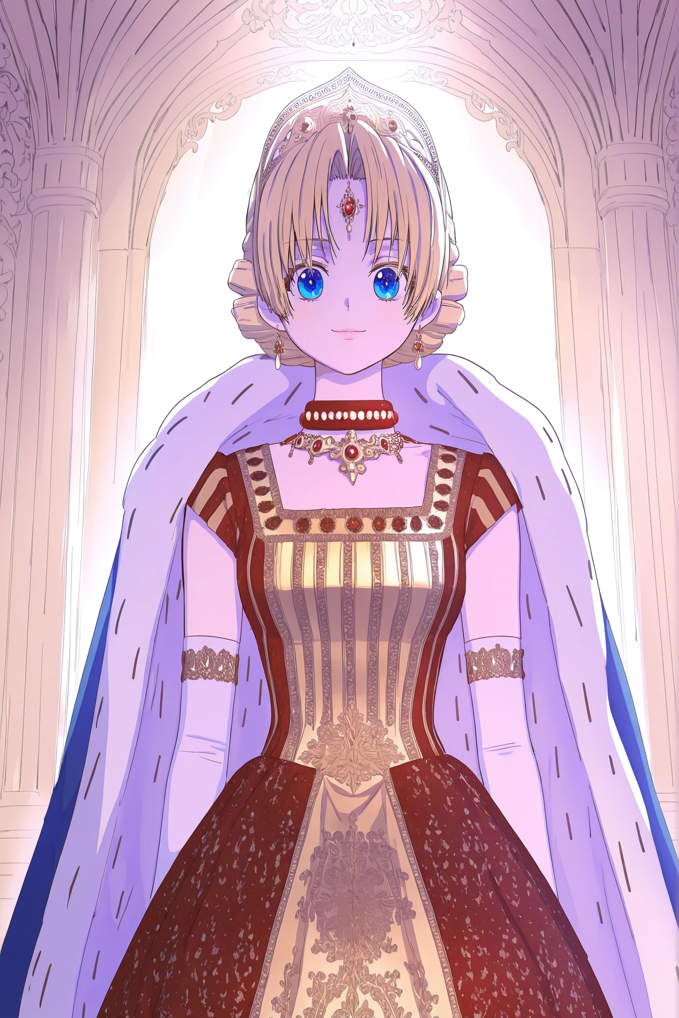 masterpiece, best quality, absurdres, high quality, detailed illustration, opulent atmosphere, redgoldroyalgown, 1girl, solo, athanasia, blonde hair, blue eyes, curly hair, short hair, pinned up hair, headpiece, diadem, gold headpiece, red gem, jewelry, necklace, red necklace, jeweled collar, gloves, white gloves, elbow gloves, dress, royal dress, royalty, red dress, gold dress, striped bodice, square neckline, brocade, patterned skirt, tassels, royal cape, ermine trim, looking at viewer, confident smile, regal pose, majestic presence, dramatic lighting, indoors, palace hall, ornate background, detailed background, cowboy shot