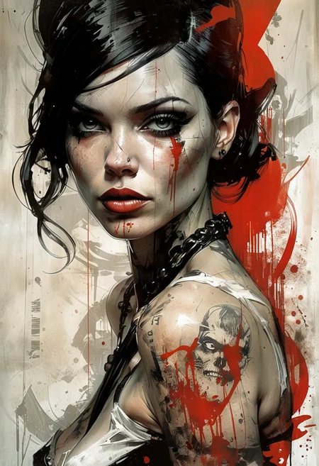 a beautiful pinup portrait, art by Ben Templesmith & Russ Mills