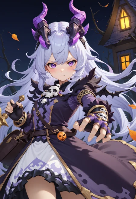 masterpiece, best quality, very aesthetic, absurdres, rom_hela_xl,
1girl, purple hair, horns, purple eyes, grumpy, skull on chest, purple dress, fingerless gloves, saddlebag, 
holding staff, fighting stance, casting spell, 
haunted house, withered trees, bats, halloween, pumpkin,
outdoors, (wind, falling withered leaves, light particles:1.4), light rays, tyndall effect, vivid colors, tranquil and magical atmosphere,
shiny skin, beautiful face, beautiful eyes, extreme detailed, official art, professional illustration, hires,
<lora:rom_hela_xl:1>, <lora:aesthetic_anime_v1s:0.5>, <lora:add_details_xl:0.5>