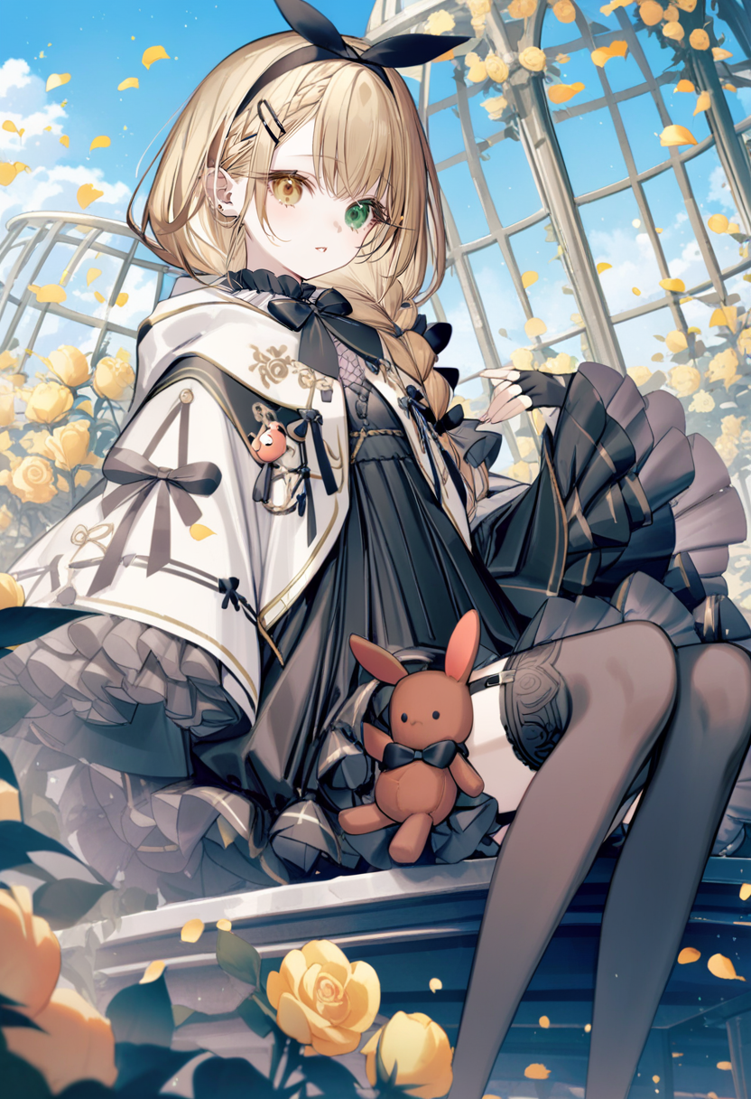 masterpiece, best quality, <lora:yoggiXL_ANI31_lokr_V43P1:0.95>  1girl, heterochromia, solo, thighhighs, flower, black thighhighs, stuffed animal, black bow, bow, green eyes, stuffed toy, hair ornament, sitting, braid, gloves, dress, yellow flower, wide sleeves, birdcage, fingerless gloves, cage, feet out of frame, black gloves, frills, long sleeves, sky, petals, stuffed rabbit, yellow eyes, black dress, day, rose, hair bow, blonde hair, long hair, outdoors, brown hair, blue sky, sleeves past wrists, black bowtie, hairclip, parted lips, teddy bear, blurry foreground, hairband, garter straps, hood, closed mouth, frilled dress, white capelet