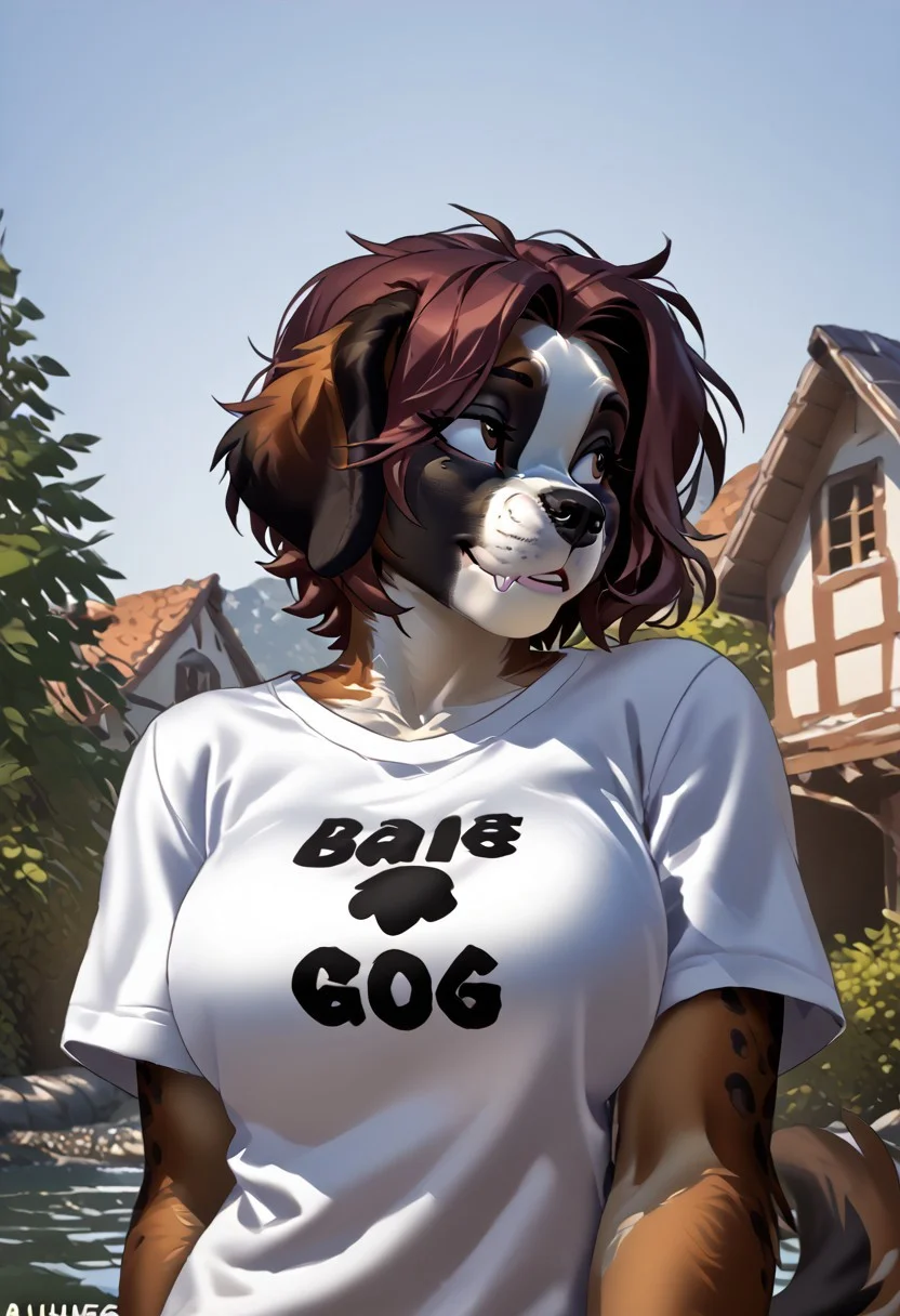 score_9, score_8_up, score_7_up, (by kittydee:1.5), (by jailbird:1.5), (by zummeng:1.5), masterpiece, best quality,
(Furry Art: Anthro: Saint Bernard:1.5), 1girl, expressive eyes, feminine eyes, perfect face, feminine face, dog, canine, multicolored fur, brown fur, white fur, black fur, black fur spots around eyes, (large breasts), perfect face, brown eyes, brown hair, (short hair), (t-shirt)
