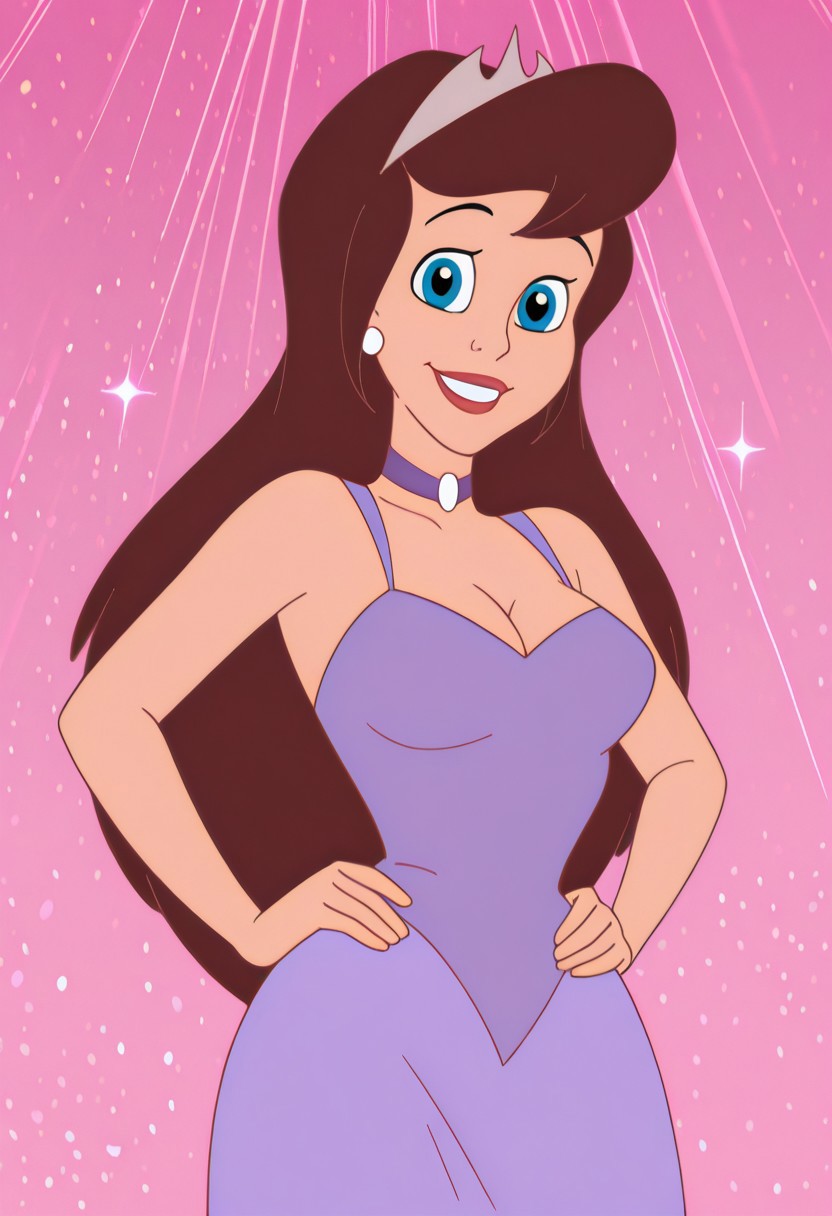 masterpiece, best quality, amazing quality, c14r4p, 1girl, brown hair, tiara, white earrings, purple choker, purple dress, hands on hips, looking at viewer, smile, cowboy shot, pink background, (colorful sparkles background, light rays:0.9),