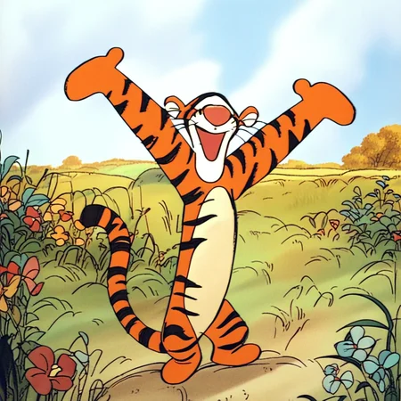 Score_7_up, score_8_up, score_9, full body, retro art style, retro, Tigger, tiger, pink nose, dot eyes, whiskers, stripes, arms out, happy, motion lines, grass, flowers, clouds,
