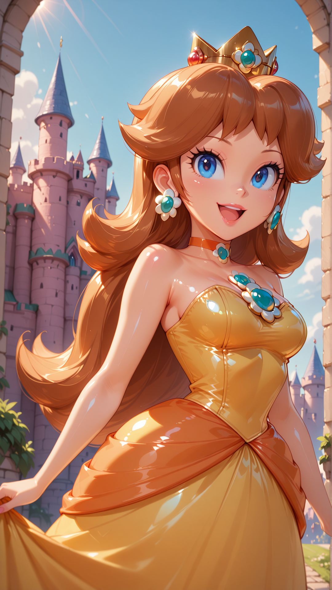 <lora:Princess_Peach_Shiny_Style_V3.0_Illustrious:0.7>,princess daisy,1girl,solo,jewelry,earrings,long hair,breasts,very long hair,big hair,choker,dress,medium breasts,bare shoulders,:d,outdoors,smile,open mouth,shiny,shiny skin,castle,
