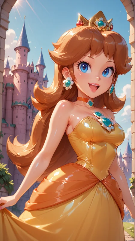 <lora:Princess_Peach_Shiny_Style_V3.0_Illustrious:0.7>,princess daisy,1girl,solo,jewelry,earrings,long hair,breasts,very long hair,big hair,choker,dress,medium breasts,bare shoulders,:d,outdoors,smile,open mouth,shiny,shiny skin,castle,