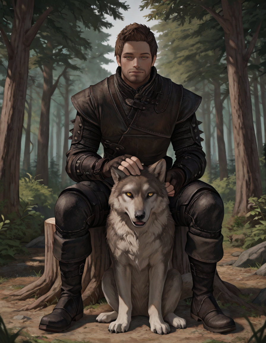 masterpiece, best quality, newest, perfect quality, best quality, detailed background, intricate details, male focus, realistic, solo, <lora:Skyrim Romance Mod - Bishop - Illustrious-000009:0.7>, srm_bishop, 1boy, brown hair, very short hair, yellow eyes, facial hair, leather armor, fingerless gloves, pants, boots, sitting, on stump, forest, wolf, petting, looking at viewer