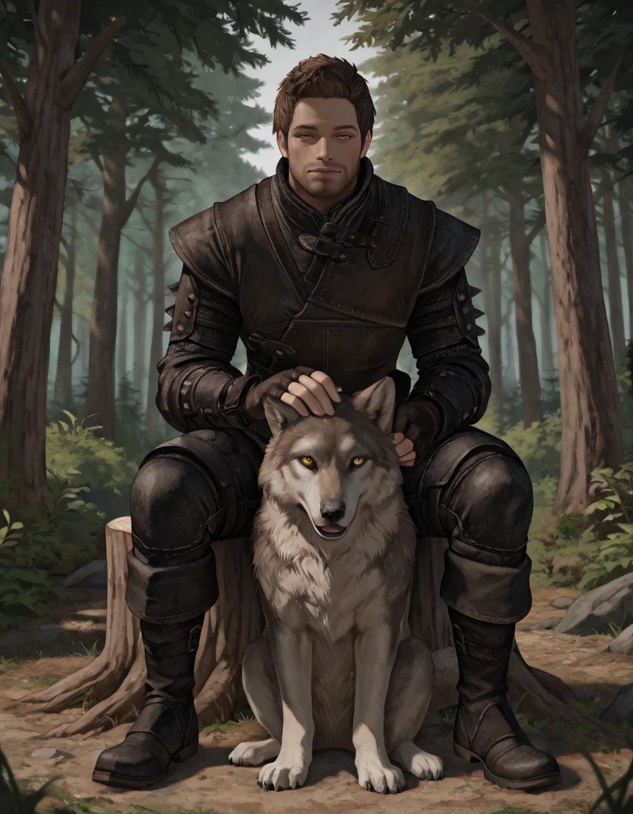 masterpiece, best quality, newest, perfect quality, best quality, detailed background, intricate details, male focus, realistic, solo, <lora:Skyrim Romance Mod - Bishop - Illustrious-000009:0.7>, srm_bishop, 1boy, brown hair, very short hair, yellow eyes, facial hair, leather armor, fingerless gloves, pants, boots, sitting, on stump, forest, wolf, petting, looking at viewer