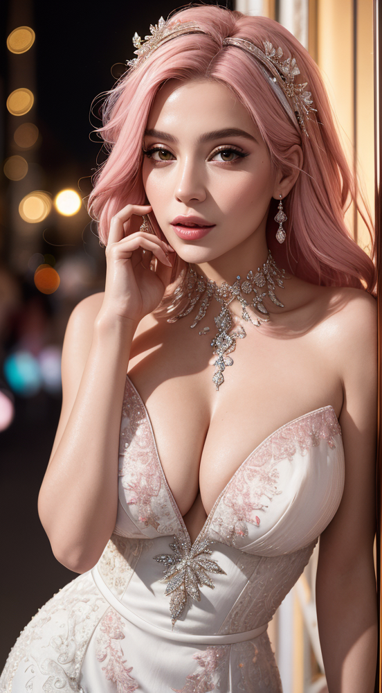 realistic, high quality, (masterpiece: 1.2),a brazilian woman, extremely read, absurd, (1 woman, solo), a beautiful woman, in white elegant dress,perfect dress,oil medium pink hair,  diamond choker on her neck, bare shoulders, half-length portrait, extremely design bright and shiny, (ink: 1.3), autumn lights, looking at the viewer, big breasts, <lora:detail_slider_v4:2>, <lora:hairdetailer:1>,vertical 9.16,8k,4k