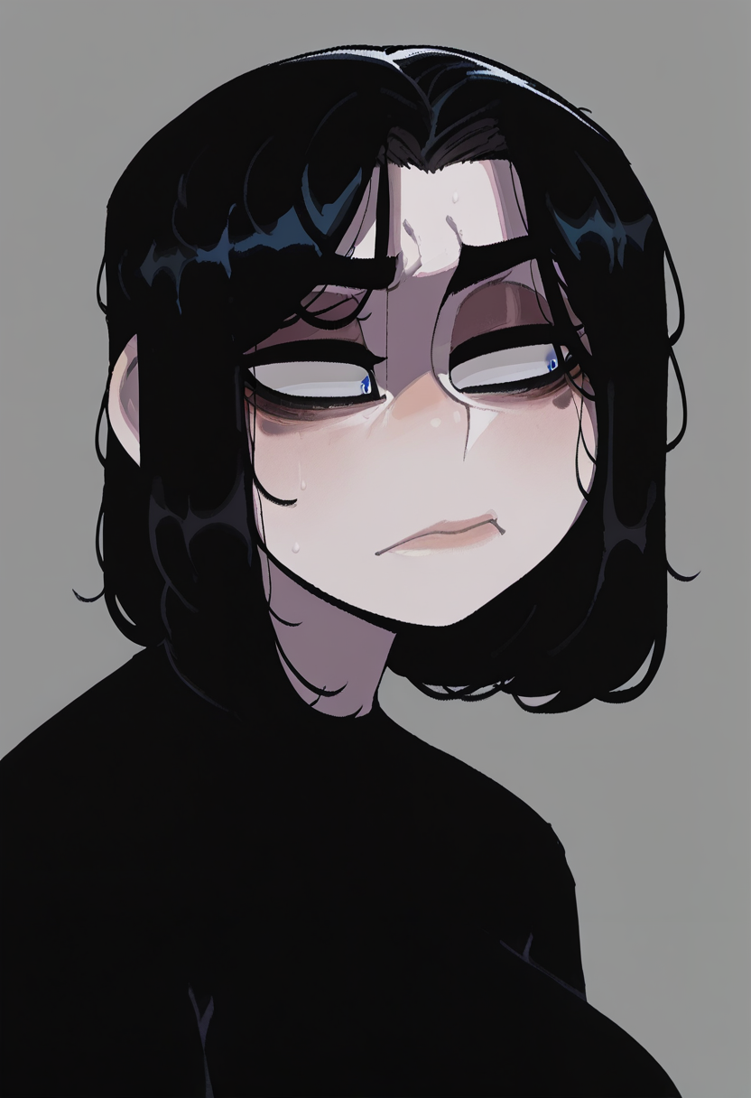 krekkov, (nyantcha:0.5), masterpiece, best quality, high quality, absurdres, 

portrait, solo, doomer girl, (pale skin), black hair, black shirt, 