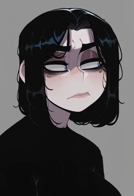 krekkov, (nyantcha:0.5), masterpiece, best quality, high quality, absurdres,
portrait, solo, doomer girl, (pale skin), black hair, black shirt,
